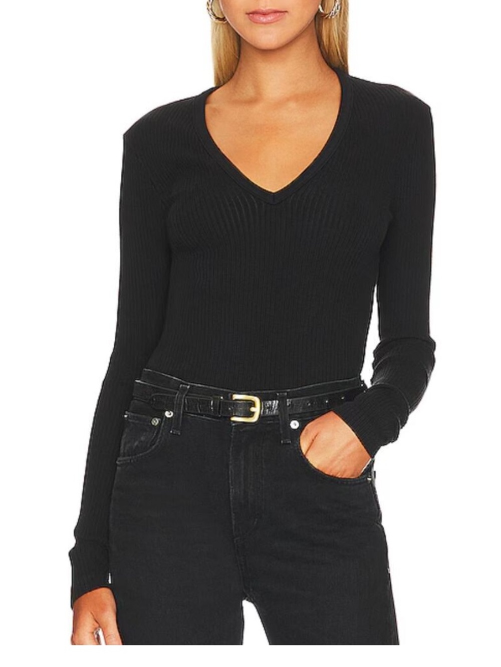 Agolde Tavi V-Neck Ribbed Fitted Organic Cotton Sweater Black M Medium Revolve